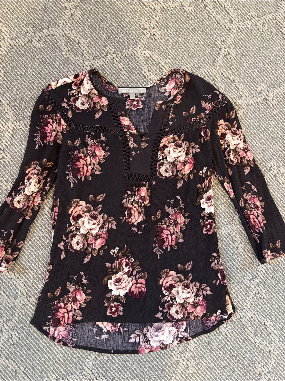 Daniel Rainn Black Floral V-Neck Crochet-Trim Top